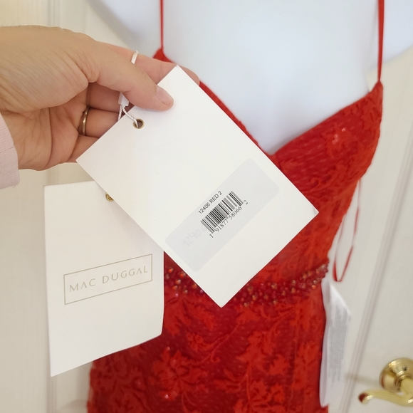 Mac Duggal | 12406 Corset Lace Floral Embroidered Gown Red Size 2 New with Flaws - Picture 4 of 14
